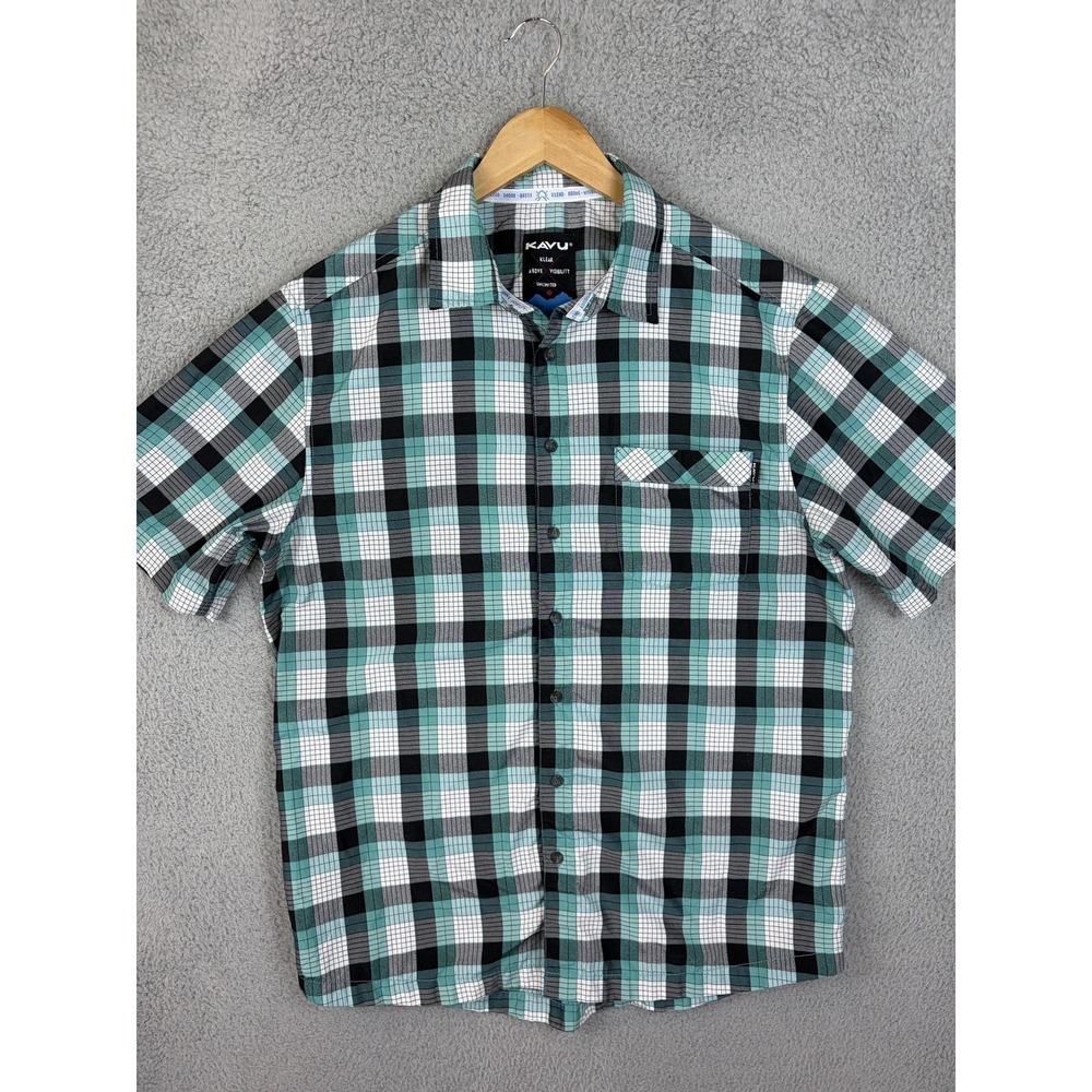 KAVU Shirt Mens Large Green Plaid Short Sleeve 100% Polyester Button-Up Casual